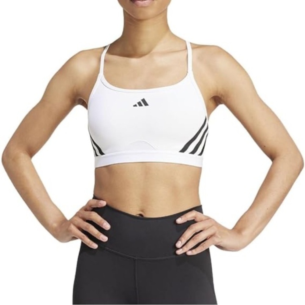 Adidas White Strappy Sports Crop Bra with Black Three-Stripes Size Small